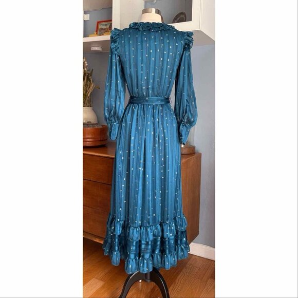 MISA Gabriella Asymmetric Striped Wrap Midi-Dress Chiffon Ruffles - Picture 5 of 12